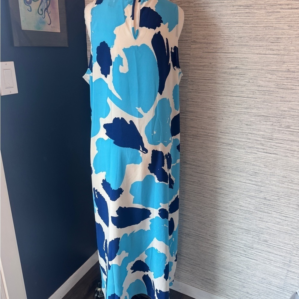 Mud Pie Light Blue/navy floral sleeveless dress. Slits on side.keyhole back Sz L - Picture 5 of 9